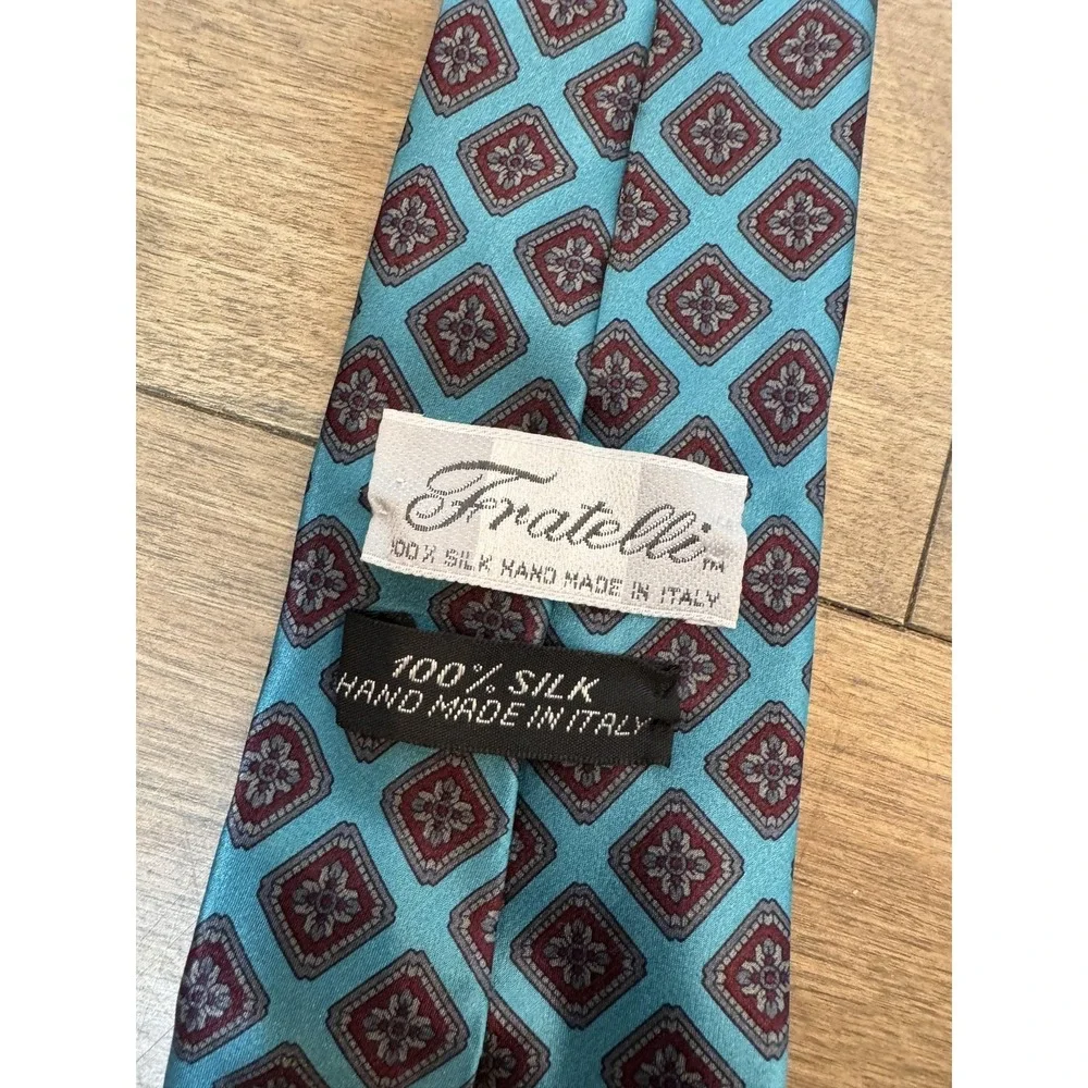 Fratelli Tie Mens One Size Teal Blue 100% Silk Hand Made‎ in Italy Geometric